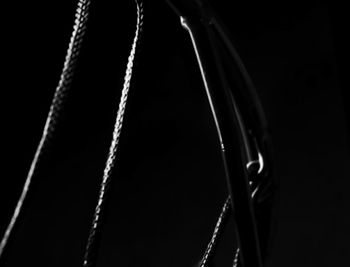 A close-up view of a basketball hoop is depicted, emphasizing its metal rim and the woven netting against a dark background. The lighting creates a dramatic contrast, highlighting the texture of the net and the sleekness of the rim.