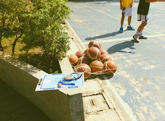 A collection of basketballs is tightly secured in a net, resting on a blue outdoor basketball court. Nearby, two individuals in athletic clothing are partially visible, suggesting a casual or practice environment. A concrete ledge has a clipboard with a basketball strategy diagram, a stopwatch, and a highlighter placed on it. Greenery borders one side of the court, indicating an outdoor setting.